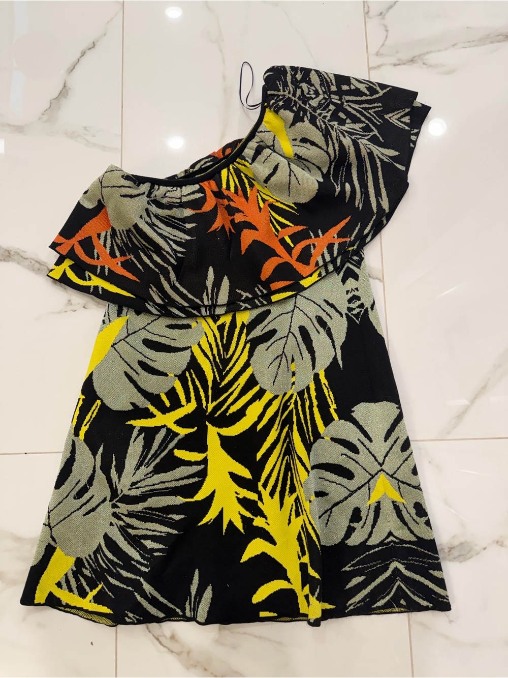 Zara Women’s ' Black Tropical Print Off-Shoulder Dress with Yellow & Gray Leaves